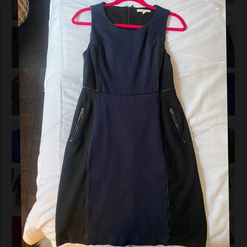Navy and black dress with leather trim
